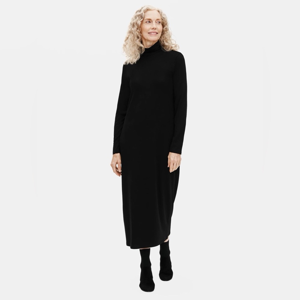 Eileen Fisher Viscose Jersey Scrunch Neck Dress in Black Slim Fit, Full Length